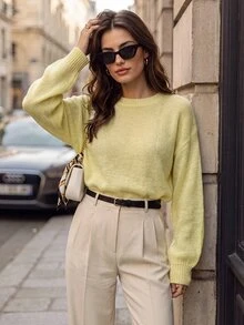 Elafinee Loose Round-Neck Lantern Sleeveharmony Drop Shoulderknitted Sweater - Light Yellow - View 4