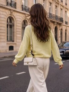 Elafinee Loose Round-Neck Lantern Sleeveharmony Drop Shoulderknitted Sweater - Light Yellow - View 2