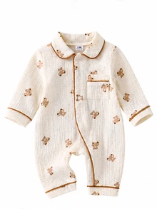 SHEIN Vintaside Kids 隨機 1 件新生兒嬰兒舒適柔軟保暖米色獅子熊貓熊月亮兔子印花圖案翻領前開扣長袖對比包邊連身衣 - 彩色 - 查看 4
