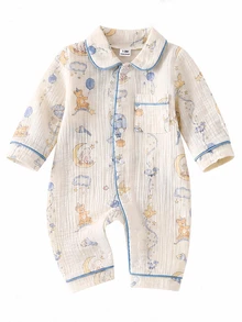 SHEIN Vintaside Kids 隨機 1 件新生兒嬰兒舒適柔軟保暖米色獅子熊貓熊月亮兔子印花圖案翻領前開扣長袖對比包邊連身衣 - 彩色 - 查看 1