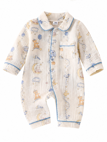 SHEIN Vintaside Kids Newborn Comfortable Soft Cozy Cotton-Feel Beige Lion Panda Bear Moon Rabbit Print Pattern Collared Button-Front Long Sleeve Long Pants Trimmed Romper 4-Piece Set