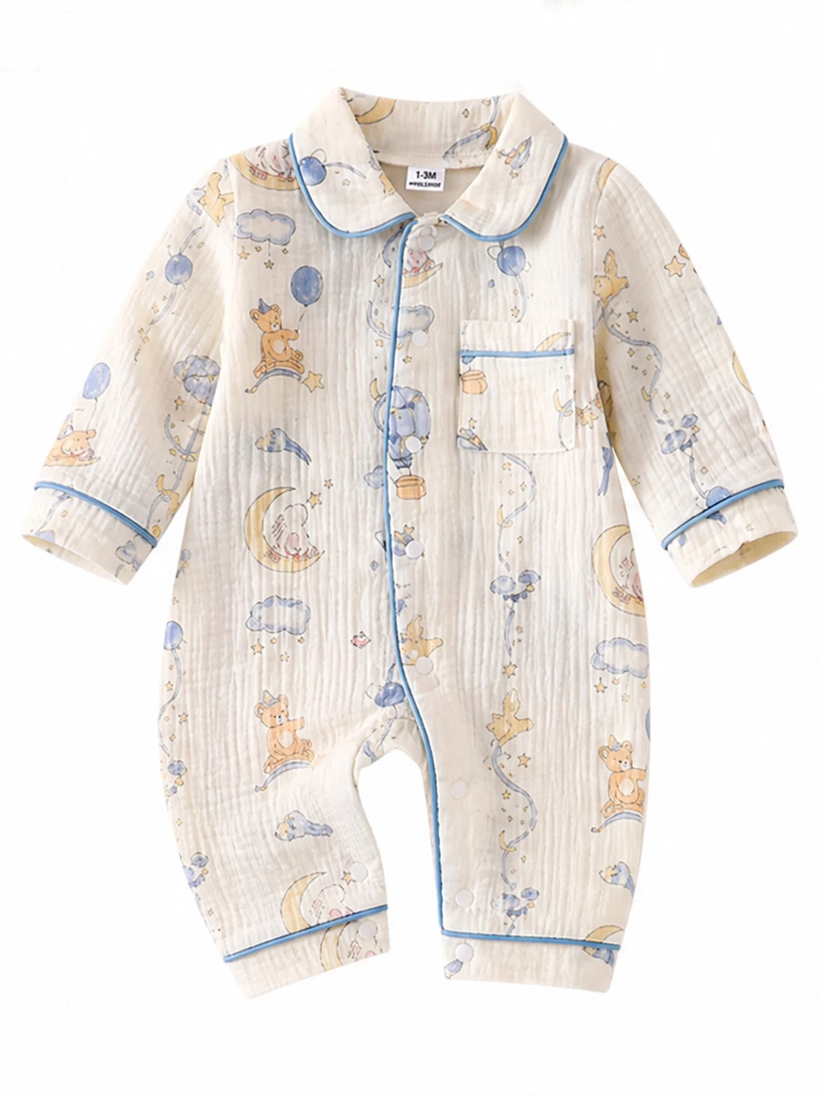 SHEIN Vintaside Kids 隨機 1 件新生兒嬰兒舒適柔軟保暖米色獅子熊貓熊月亮兔子印花圖案翻領前開扣長袖對比包邊連身衣 - 彩色 - 查看 1