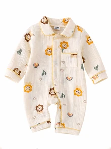 SHEIN Vintaside Kids 隨機 1 件新生兒嬰兒舒適柔軟保暖米色獅子熊貓熊月亮兔子印花圖案翻領前開扣長袖對比包邊連身衣 - 彩色 - 查看 5