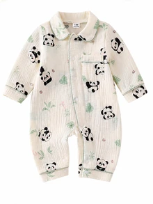 SHEIN Vintaside Kids 隨機 1 件新生兒嬰兒舒適柔軟保暖米色獅子熊貓熊月亮兔子印花圖案翻領前開扣長袖對比包邊連身衣 - 彩色 - 查看 6