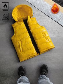 Manfinity EMRG Men's Solid Color Hooded Casual Daily Travel Cotton Padded Vest, Padded Coat - Yellow - View 1