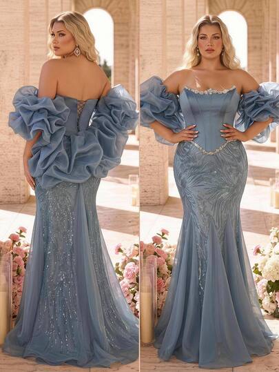 Glamrae Plus Size Light Blue Luxury Sequins Decorated Elegant Heavy Beaded Satin Evening Gown For Wedding Banquet Ball Party (Includes 3D Positioned Shawl)