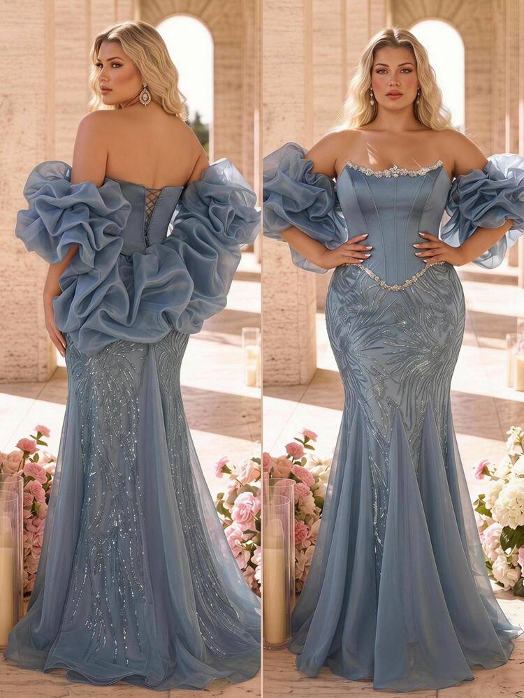 Glamrae Plus Size Light Blue Luxury Sequins Decorated Elegant Heavy Beaded Satin Evening Gown For Wedding Banquet Ball Party (Includes 3D Positioned Shawl) - Baby Blue - View 1