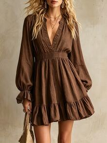 SHEIN Women's Solid Color Button Half-Placket Long Sleeve Ruffle Hem Casual Dress - Brown - View 1