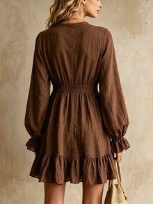 SHEIN Women's Solid Color Button Half-Placket Long Sleeve Ruffle Hem Casual Dress - Brown - View 2