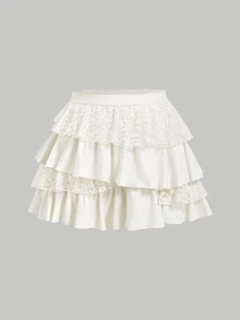 SHEIN MOD Plus Size Women's Vintage Cute Kawaii Pirate Court Style Layered Lace Patchwork Cake Skirt Birthday College Sweet Apricot White Summer Wedding Guest - Apricot - View 5