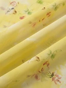 SHEIN MOD 大码女式网纱拼接喇叭连衣裙，蝴蝶印花吊带连衣裙 - 黃色 - 查看 5