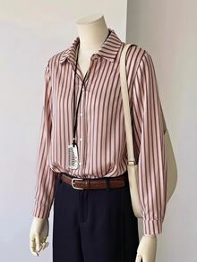 Tween Girl Striped Shirt, Vintage Elegant Preppy Style Long Sleeve Button-Up Blouse, Casual Fashion Brown Striped Top, Daily Fashion Exquisite Top For Autumn, Back-To-School, Autumn, Gym/Gymnastics, Athletic - Pink - View 2
