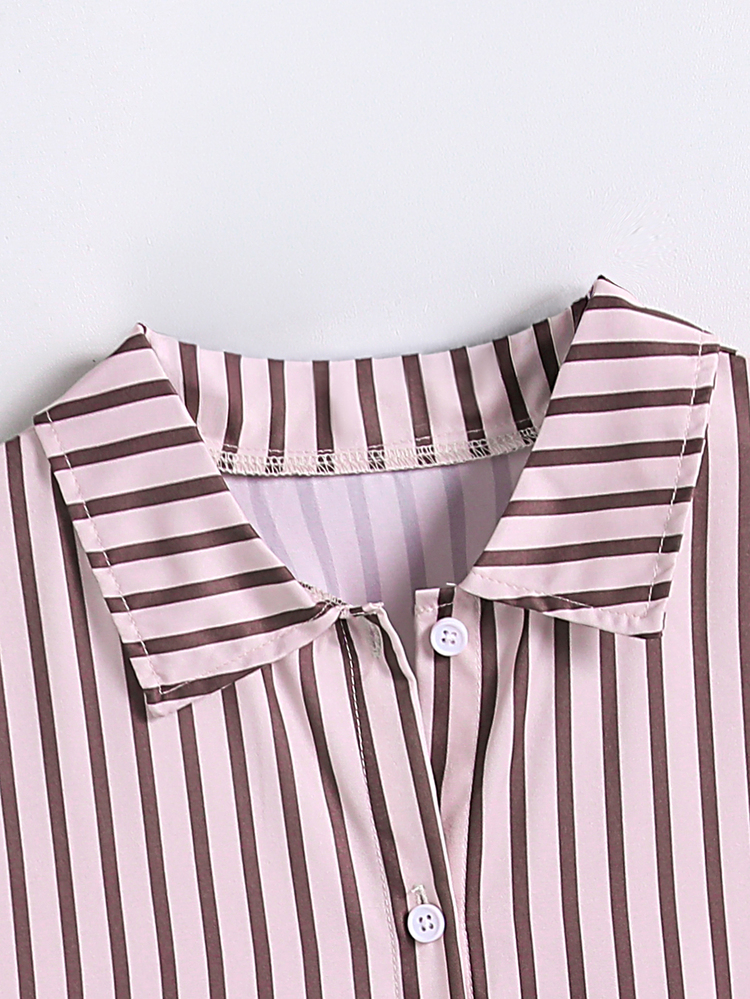 Tween Girl Striped Shirt, Vintage Elegant Preppy Style Long Sleeve Button-Up Blouse, Casual Fashion Brown Striped Top, Daily Fashion Exquisite Top For Autumn, Back-To-School, Autumn, Gym/Gymnastics, Athletic - Pink - View 5