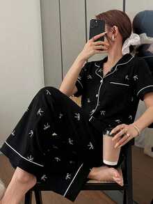 Dream Adore Pink Striped Bow Print Lapel Short Sleeve Women Pajama Set - Black - View 3