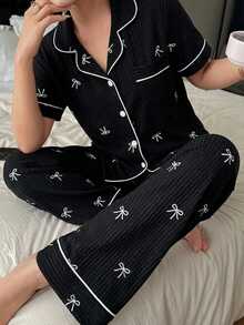Dream Adore Pink Striped Bow Print Lapel Short Sleeve Women Pajama Set - Black - View 4