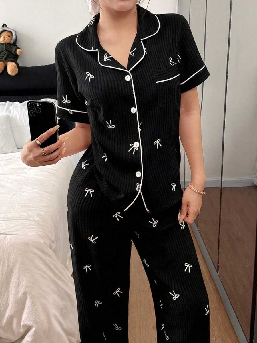 Dream Adore Pink Striped Bow Print Lapel Short Sleeve Women Pajama Set - Black - View 1