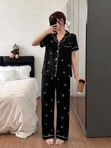 Dream Adore Pink Striped Bow Print Lapel Short Sleeve Women Pajama Set - Black - View 5