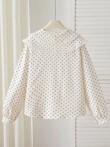 SHEIN 女童長袖波點荷葉領蕾絲飾邊休閒百搭襯衫，開學季度假旅行生日派對禮物，春秋季服飾，秋季，開學，學校，校服 - 白色 - 查看 6