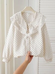 SHEIN 女童長袖波點荷葉領蕾絲飾邊休閒百搭襯衫，開學季度假旅行生日派對禮物，春秋季服飾，秋季，開學，學校，校服 - 白色 - 查看 2