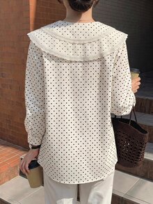 SHEIN 女童長袖波點荷葉領蕾絲飾邊休閒百搭襯衫，開學季度假旅行生日派對禮物，春秋季服飾，秋季，開學，學校，校服 - 白色 - 查看 4