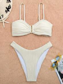 Swim Vcay Summer Beach Women's Solid Color Ruched Bikini Set - Apricot - View 4