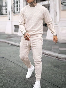 Manfinity Homme 男士格紋兩件式運動套裝，圓領運動衫與抽繩束口休閒長褲休閒穿搭 - 米色 - 查看 4