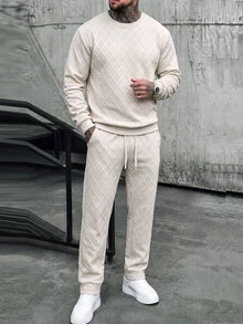Manfinity Homme 男士格紋兩件式運動套裝，圓領運動衫與抽繩束口休閒長褲休閒穿搭 - 米色 - 查看 6