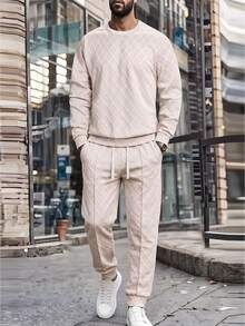 Manfinity Homme 男士格紋兩件式運動套裝，圓領運動衫與抽繩束口休閒長褲休閒穿搭 - 米色 - 查看 5