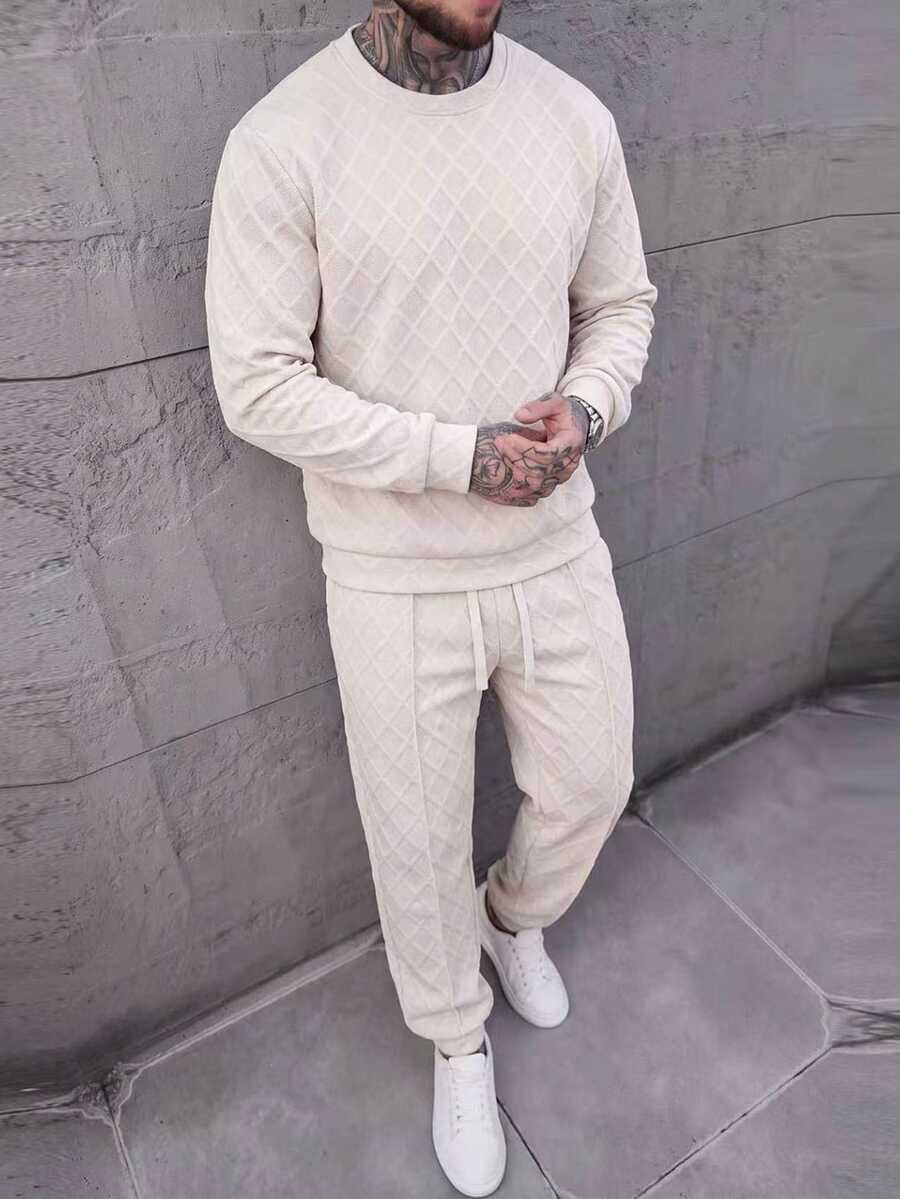 Manfinity Homme 男士格紋兩件式運動套裝,圓領運動衫與抽繩束口休閒長褲休閒穿搭 - 米色 - 查看 1