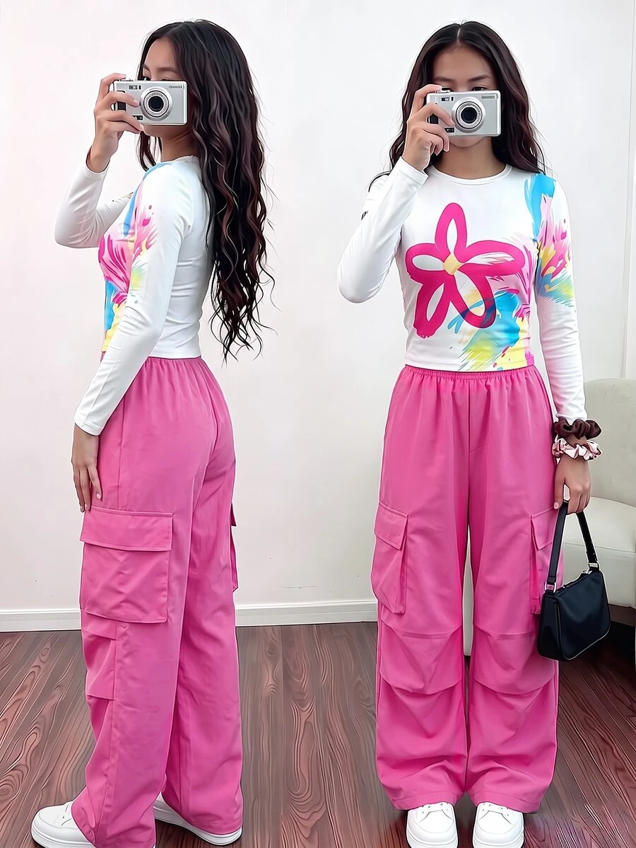 少女女孩洋紅色花卉印花短款長袖T恤 + 寬鬆寬腿休閒長褲 2件套,Y2K風格甜美酷感運動風長褲 - 彩色 - 查看 1