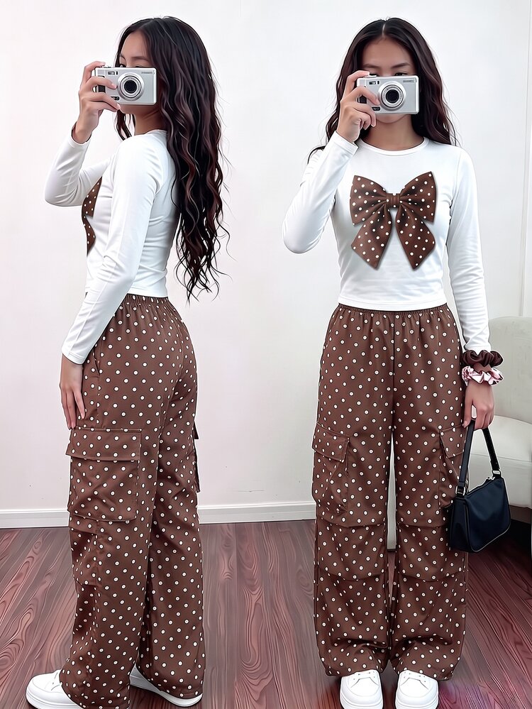 Tween Girls Bow Polka Dot Print Short T-Shirt & Cargo Pants 2 Pieces Set, Sweet & Cool Style Outfit - Multicolor - View 1
