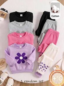SHEIN Baby Girl Knitted Cute Floral Pattern Sweatshirt And Leggings 2 Pieces Set,Suitable For Autumn And Winter - Multicolor - View 5