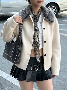 Lumivelle 女款毛領單排扣短款大衣，寬鬆落肩版型，適合日常通勤 - 杏色 - 查看 6