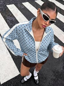 Muchica 秋季新款女款棕色波點巧克力棕拼色字母印花運動衛衣，復古 80s 2000s 70s 90s 校園風，適合假期與日常穿搭 - 彩色 - 查看 5