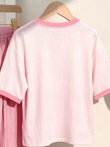 SHEIN 少女休閒極簡復古時尚花卉圓領寬鬆短袖T恤與休閒喇叭長褲兩件套，適合夏季，慵懶隨性風格，Chill氛圍穿搭 - 白色 - 查看 4