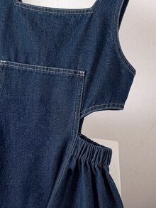 SHEIN Genkimix Kids 女童設計師款時尚夏季新款軟洗水牛仔細肩帶公主洋裝，返校季 - 寶藍色 - 查看 3