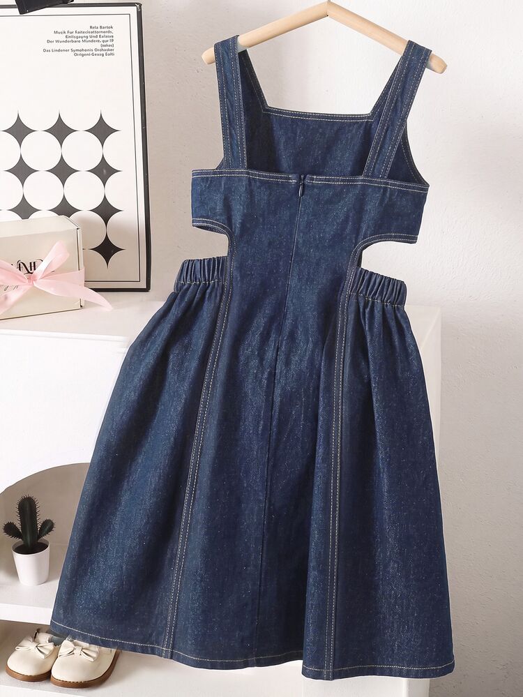 SHEIN Genkimix Kids فستان أميرة للفتيات بتصميم عصري وأنيق للصيف، جديد من الدنيم المغسول الناعم بحمالات رفيعة، للعودة إلى المدرسة, - أزرق غامق - مشاهدة 2
