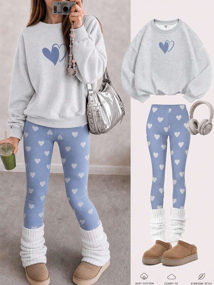 SHEIN Girlism 灰色海鷗灰,甜美女孩心形圖案印花,青少年女孩休閒舒適圓領長袖運動衫與內搭褲,適合秋冬日常穿著、外出,秋冬休閒風格,舒適季節,甜美女孩風 - 彩色 - 查看 1