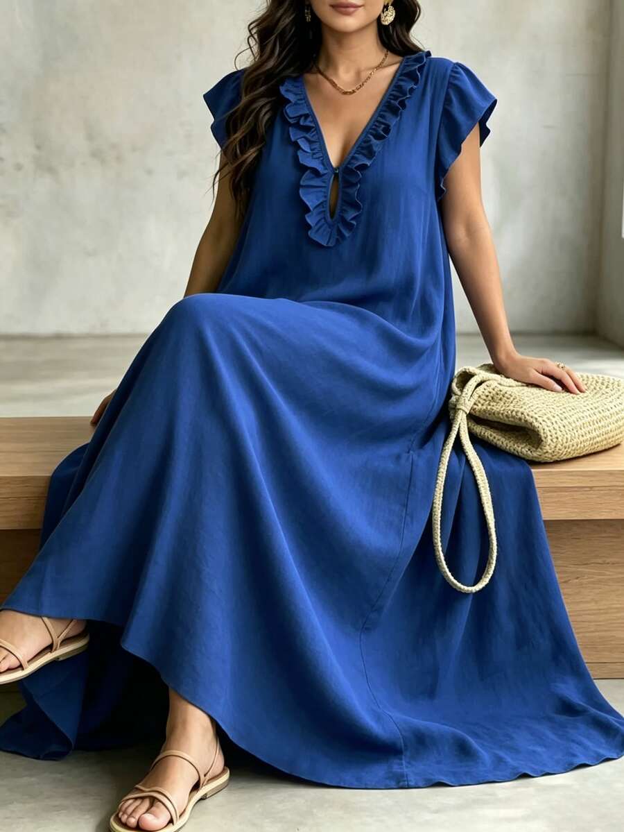 Linhara CURVE Women's Plus Size Deep V-Neck Flutter Sleeve Loose Casual Everyday Shopping Dress - Navy Blue - View 1
