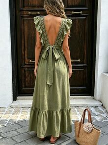 Cévolie Contrast Lace Tie Backless Ruffle Trim Dress Picnic Vacation Olive Green Summer Cottagecore Boho - Army Green - View 2