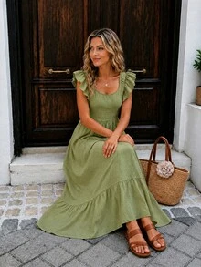 Cévolie Contrast Lace Tie Backless Ruffle Trim Dress Picnic Vacation Olive Green Summer Cottagecore Boho - Army Green - View 5
