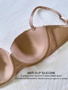 SHEIN 女款蕾絲飾邊緞面無肩帶胸罩 聚攏防滑 有鋼圈 露乳式內衣 日常穿著 - 杏色 - 查看 6