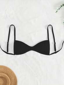 SHEIN Swim 女士夏季沙滩装纯色细肩带女士迷你比基尼上衣 - 黑色 - 查看 5