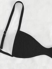 SHEIN Swim 女士夏季沙滩装纯色细肩带女士迷你比基尼上衣 - 黑色 - 查看 4
