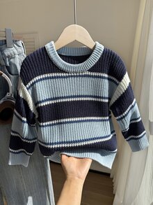 SHEIN Vintaside Kids 男童圓領套頭毛衣 厚針織條紋上衣 寬條紋與細條紋設計 男孩學院風服飾 舒適保暖 簡約 90年代復古 百搭休閒時尚 適合秋冬冬季 旅行 戶外玩耍 運動 校園 - 彩色 - 查看 8