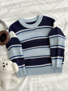 SHEIN Vintaside Kids 男童圓領套頭毛衣 厚針織條紋上衣 寬條紋與細條紋設計 男孩學院風服飾 舒適保暖 簡約 90年代復古 百搭休閒時尚 適合秋冬冬季 旅行 戶外玩耍 運動 校園 - 彩色 - 查看 4