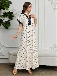 Al Najma 優雅端莊女款冬季日常阿拉伯長裙，精緻刺繡飾邊，小立領，白色晨間正式款 - 杏色 - 查看 5
