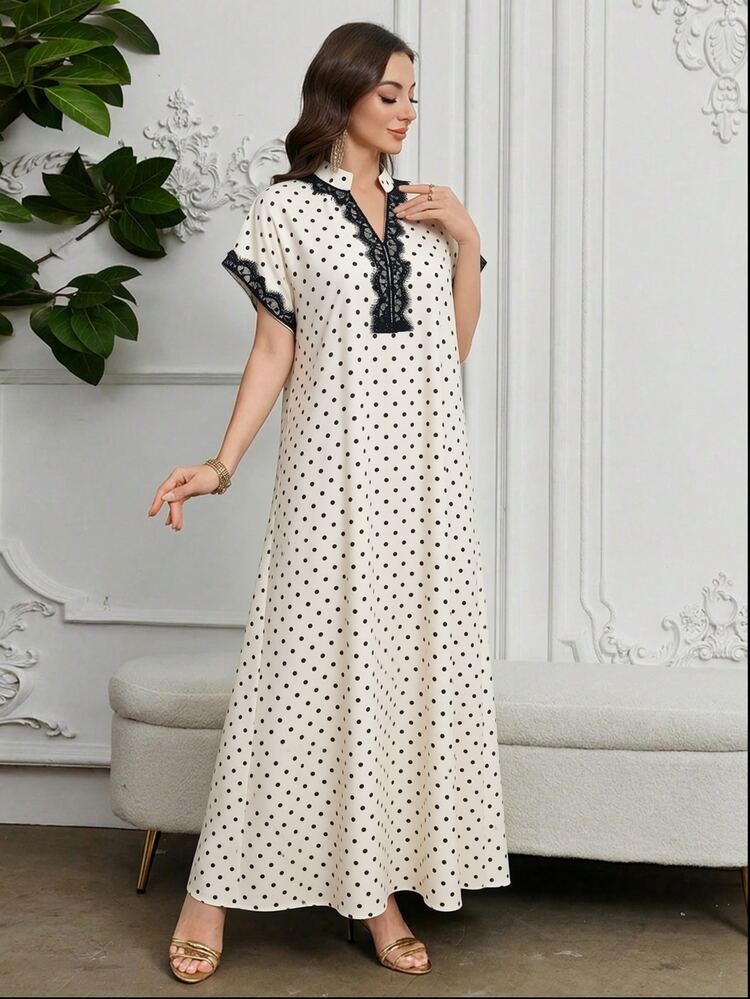 Al Najma Elegant Women's Summer Daily Arab Dress With Exquisite Embroidered Trim, Small Stand Collar, Olive Green - Apricot - View 4