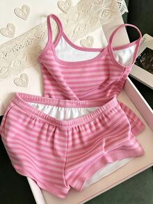 Teen Girl Striped Print Lettuce Trim Cami Top & Shorts PJ Set - Multicolor - View 2