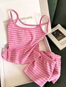 Teen Girl Striped Print Lettuce Trim Cami Top & Shorts PJ Set - Multicolor - View 3
